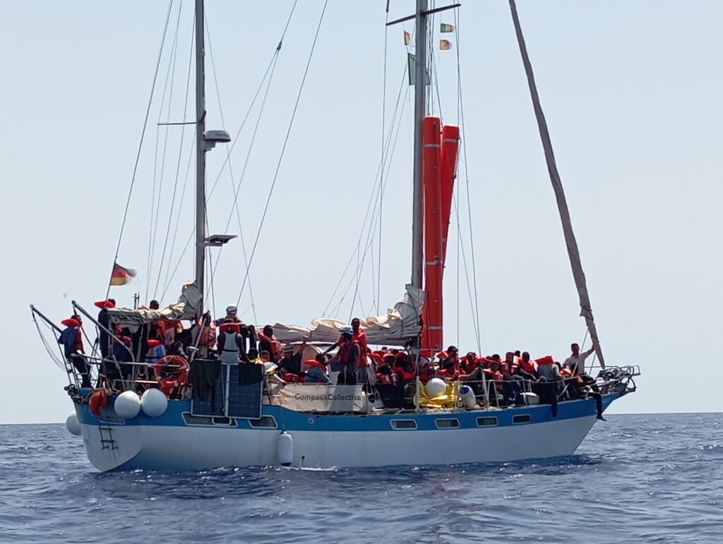 21.06.2024 - German sailing boat TROTAMAR III rescued 52 people in acute distress at sea, preventing an illegal pullback by the so-called Libyan Coast Guard.  These were refugees who had set off from Zuwara/Libya in a rubber dinghy.
Photo: CompassCollective